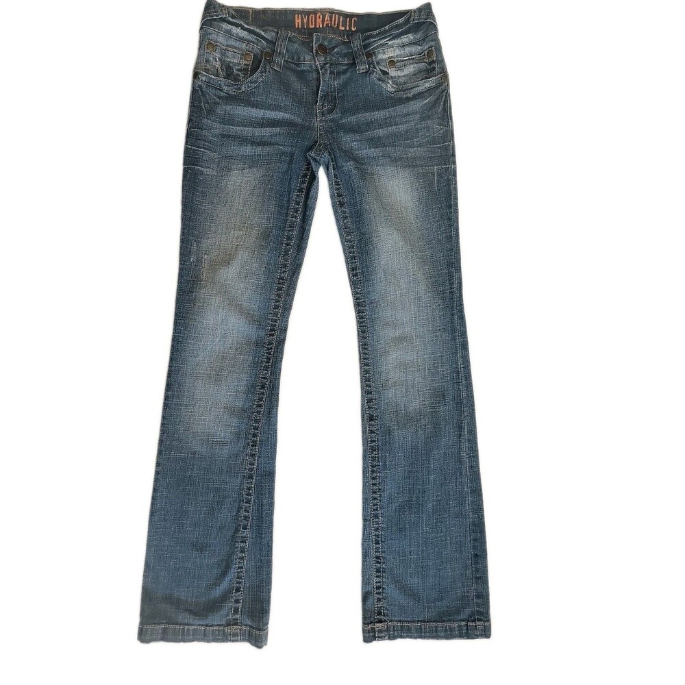 Hydraulic jeans size 7/8 metro low rise boot flare distressed embroidered denim